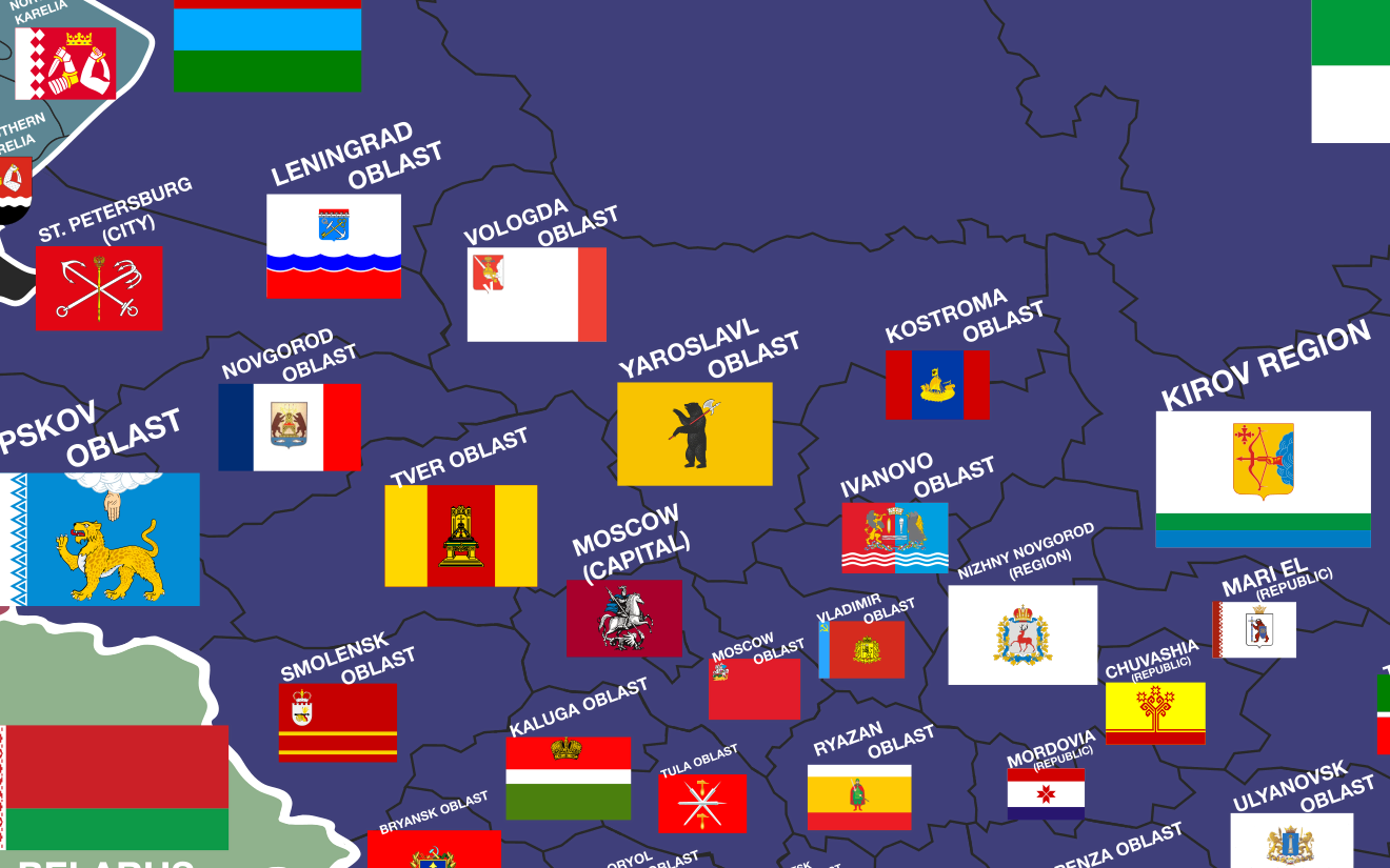A close-up of the sheet around Yaroslavl Oblast, whose flag is a bear holding an axe, surrounded by the flags of Vologda, Kostroma, Ivanovo, Tver and Moscow
