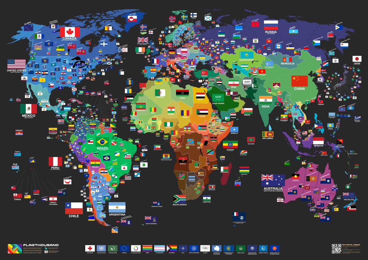 flagthousand — a world map drawn in nearly a thousand flags: every country, and its states, provinces and cities, each flag placed over its own territory